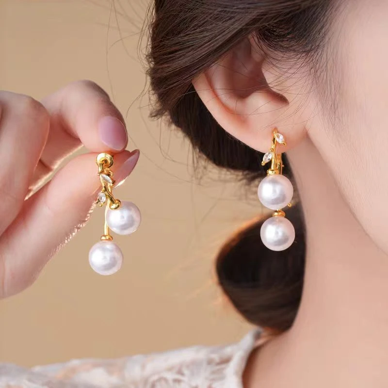 925银针一款两戴锆石叶子珠珠耳环2025新款爆款小众气质百搭耳饰