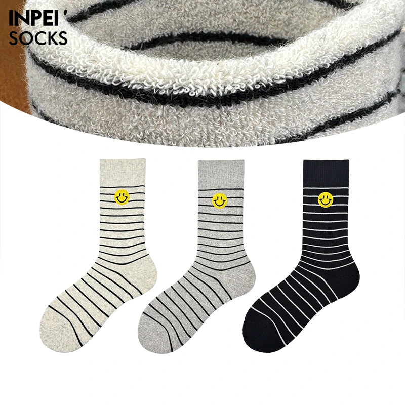 秋冬季加厚款御寒毛圈中筒棉袜子女 笑脸刺绣外穿中高腰长筒袜