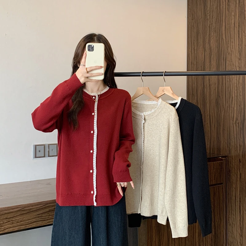 温柔风撞色蕾丝花边别致长袖针织上衣毛衣2025秋冬新款胖mm大码女