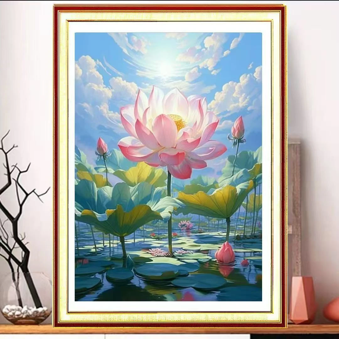 蒙娜丽莎皇室十字绣夏日荷花唯美简约手工装饰满无勾边客厅挂图