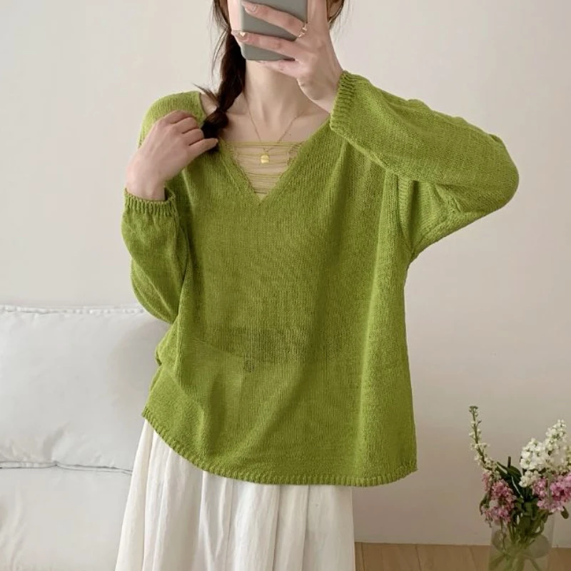 时髦镂空针织衫女2025春夏新款宽松显瘦长袖上衣薄款罩衫空调衫