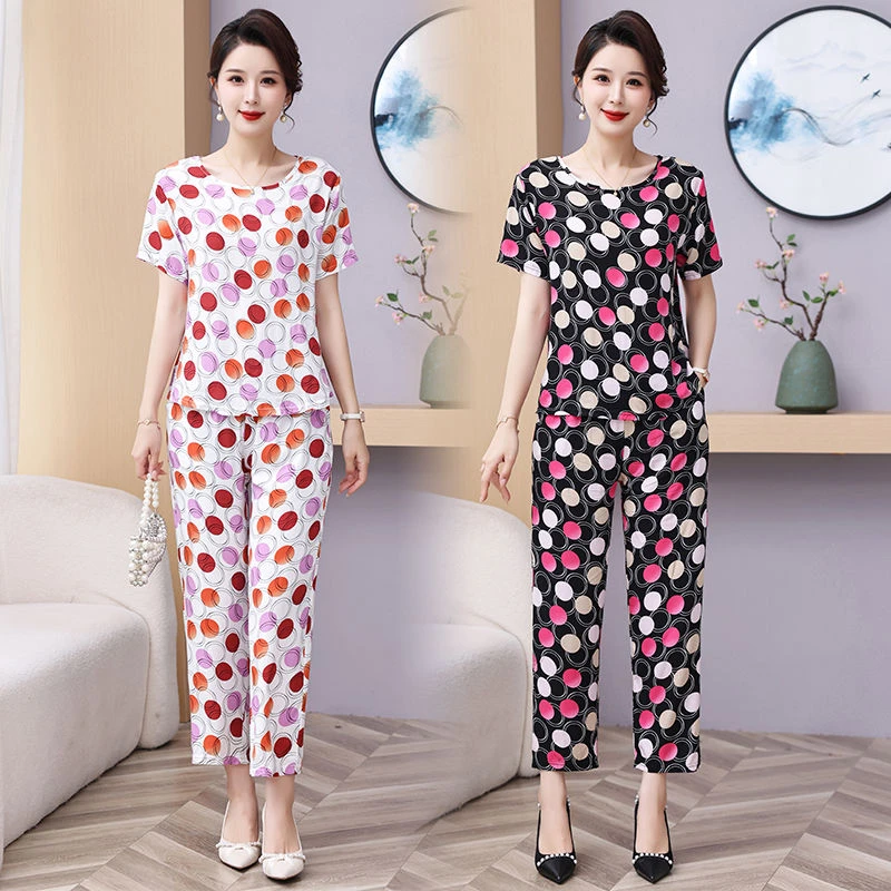 棉绸套装女夏时尚洋气中老年短袖上衣圆领薄款休闲显瘦两件套外穿