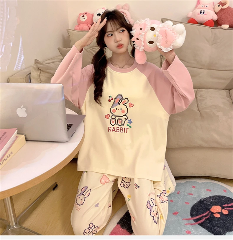 休闲圆领睡衣少女宽松韩版春秋款像素卡通两件套家居服