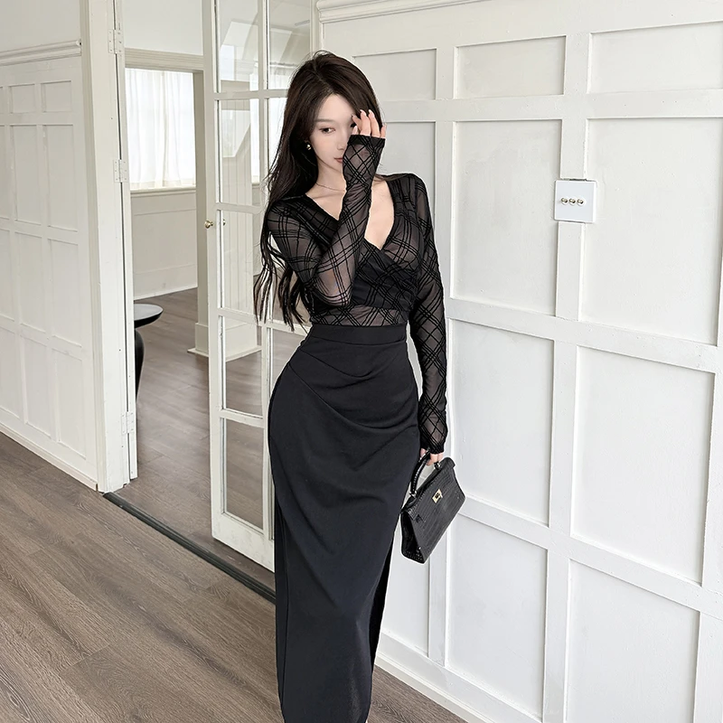 【焦糖玛奇朵】格子纹黑色网纱长袖连衣裙女名媛御姐系气质开叉裙子