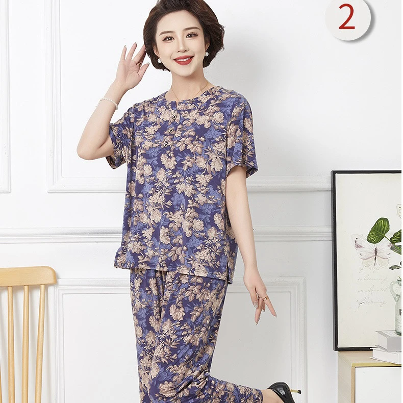 董小姐/7528中老年妈妈夏季短袖套装女冰丝薄款装家居服老