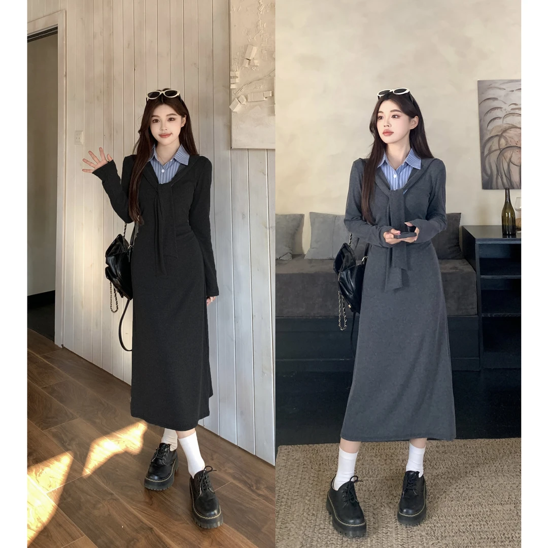大码女装微胖妹妹学院灰调领结拼条纹衬衫领长裙