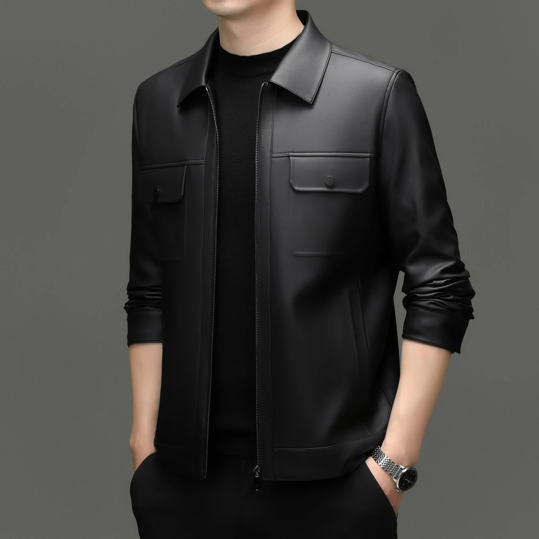 TFK2025冬季新款翻领拉链纯色直下摆休闲青年男士皮夹克29819