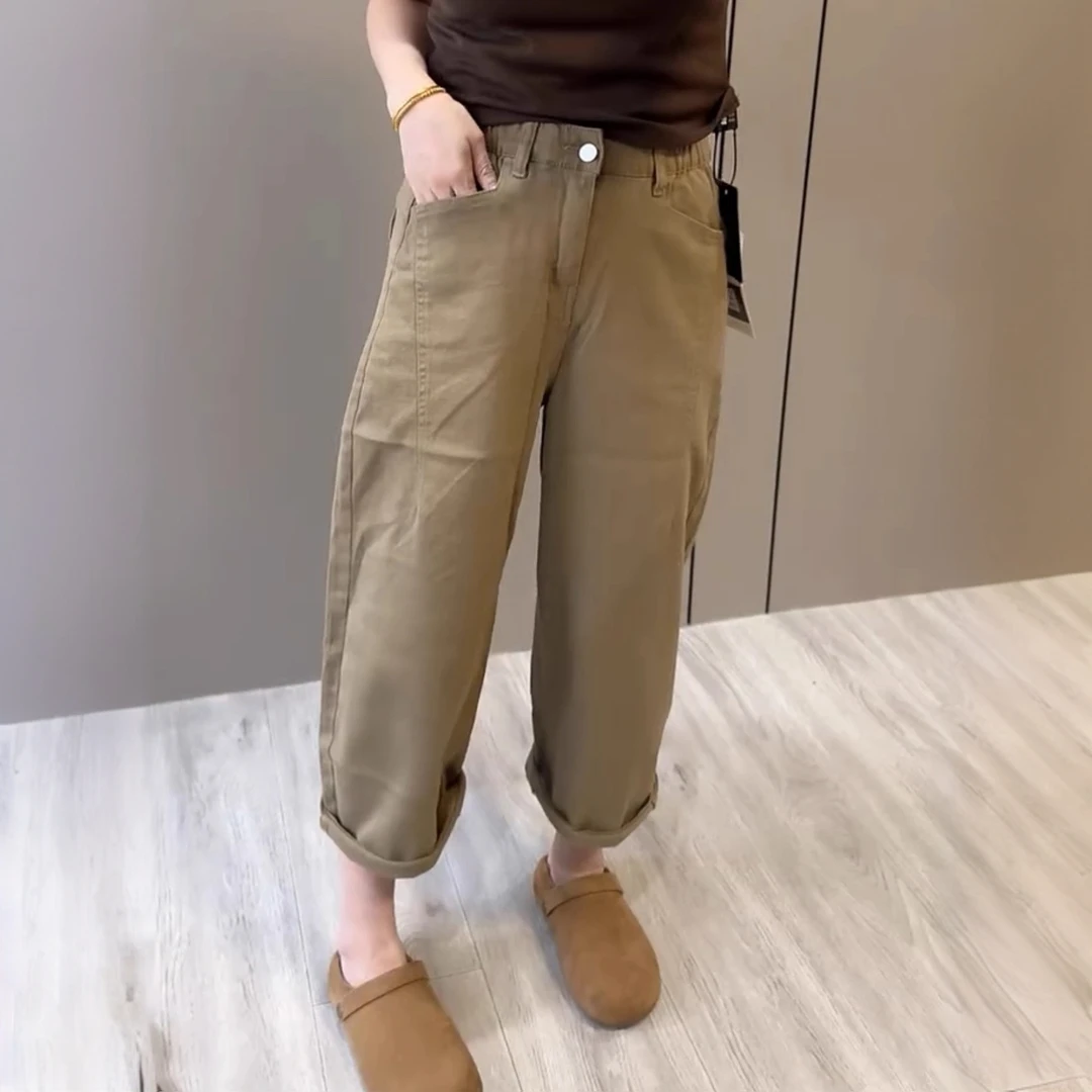 时尚大码女装牛仔裤女2025年秋季薄款高腰松紧显瘦百搭哈伦老爹裤