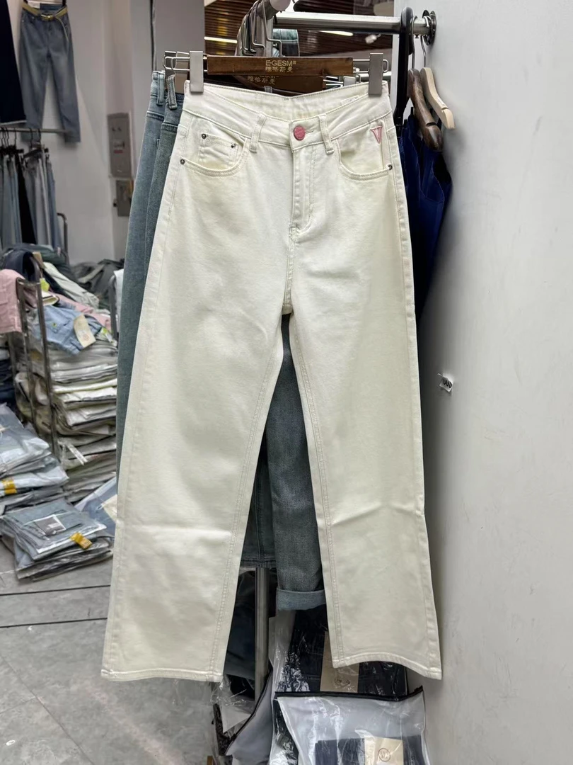 5200－3纯色简约百搭弹力窄版高腰直筒阔腿牛仔裤