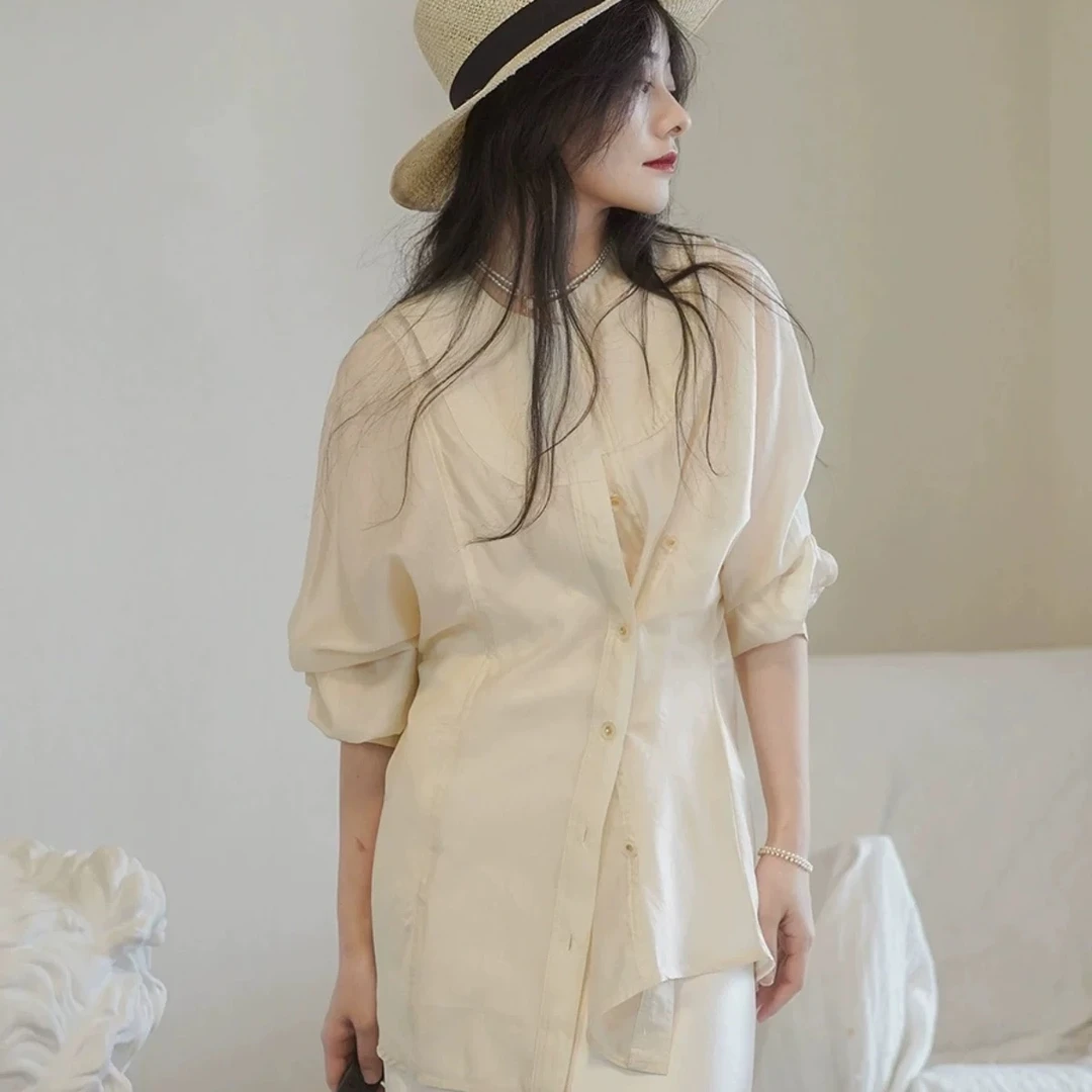 慕溢-25时尚白色圆领宽松长袖气质衬衫