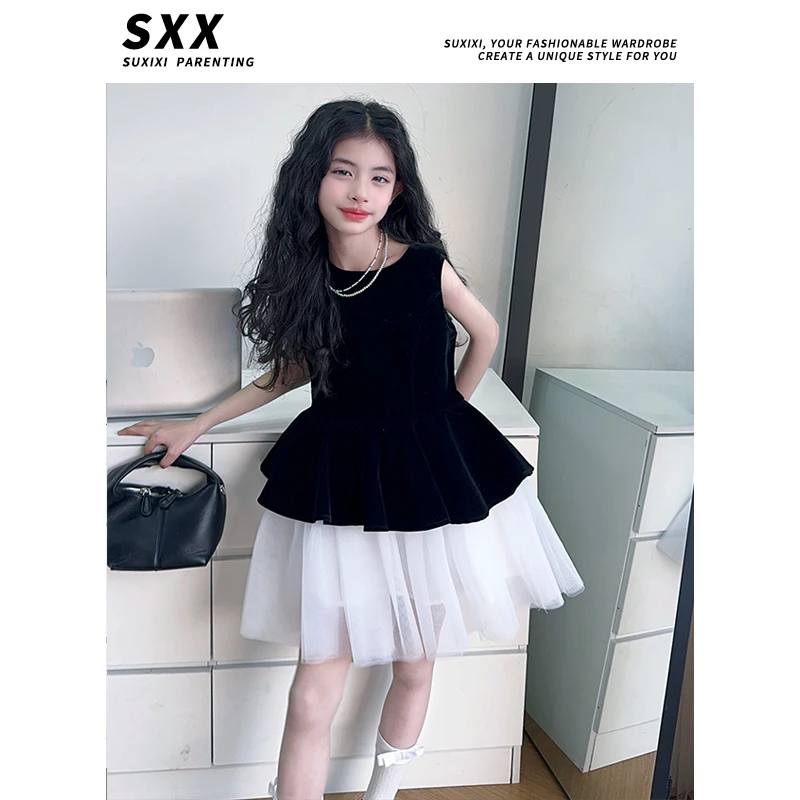 【LUCY定制】2025女童夏季新款韩版时尚黑色收腰黑色上衣网纱裙百搭