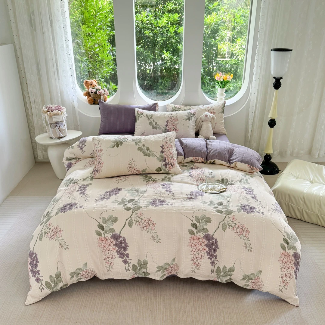 睡拾光云感提花皱皱纱四件套-紫藤萝hcl