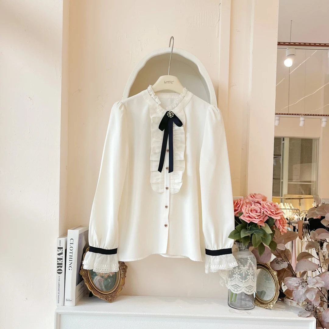 青青大码女装LHTE白色衬衫蝴蝶结上衣法式宫廷春季C1112长袖衬衫