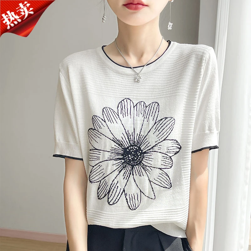 2025新款刺绣太阳花针织衫圆领女通勤韩版精致T恤上衣夏季