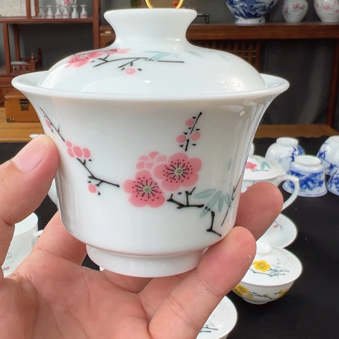 玉泥翠竹红梅两才盖碗