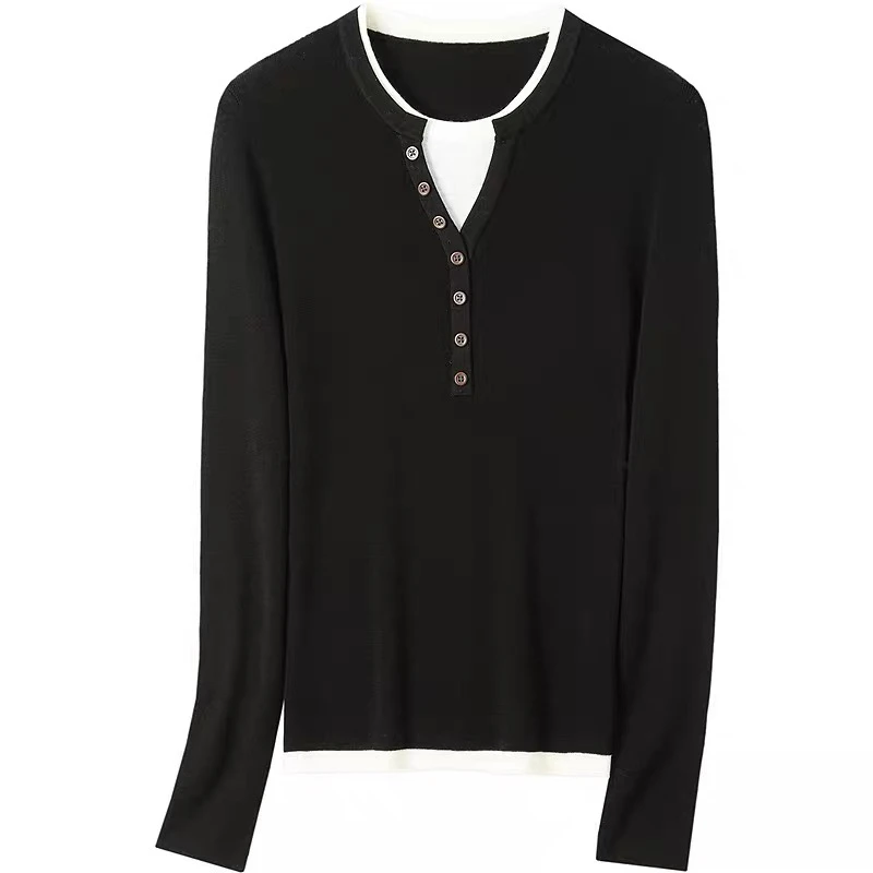 2025新款假两件套头拼色羊毛针织衫羊毛衫女正肩显瘦气质开衫上衣