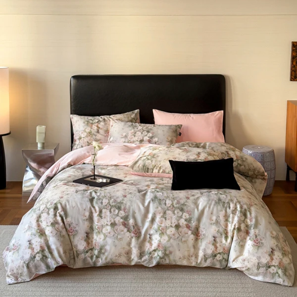 高支高密贡缎长绒棉数码印花四件套-沐白-绿