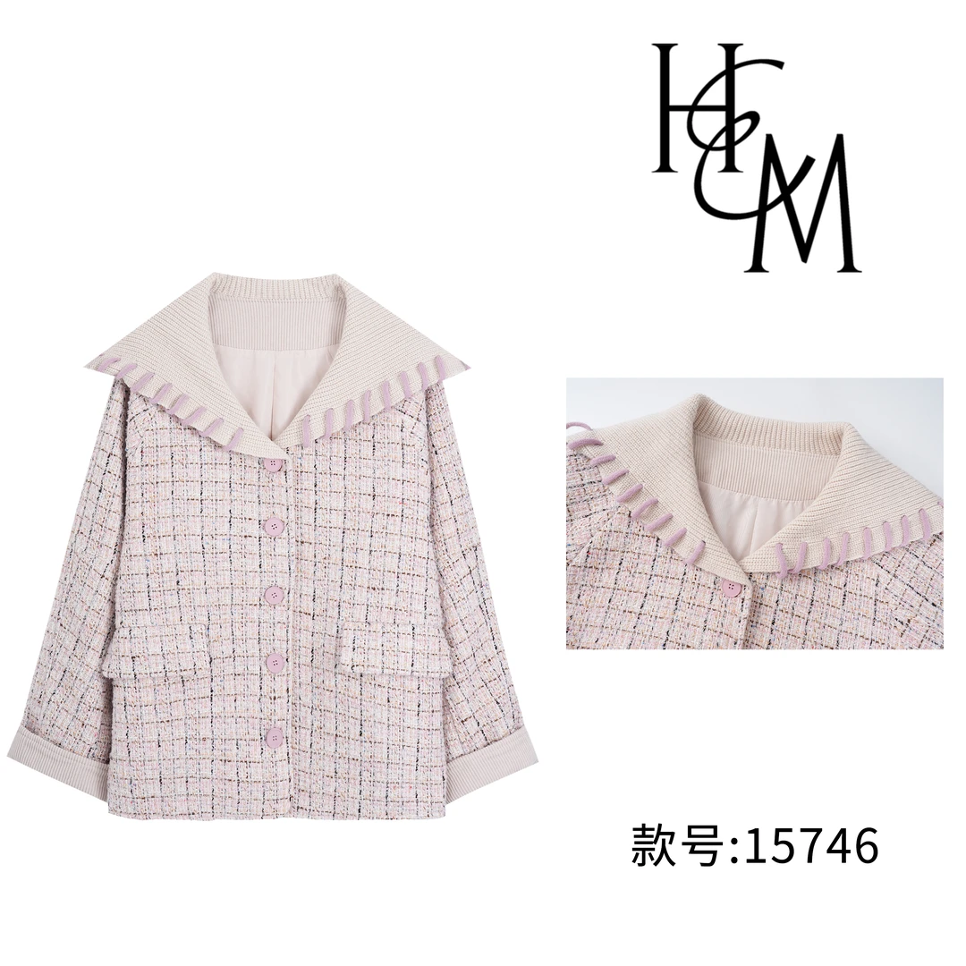 HUIERMAN/慧尔曼时尚琥珀流光小香风拼接针织大翻领外套【15746】