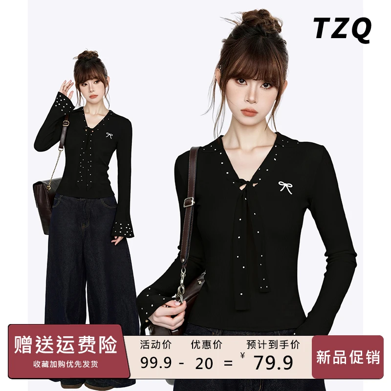 黑色波点polo领长袖t恤女秋设计感修身短款打底衫上衣TZQ2593007