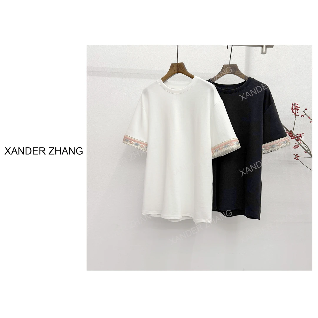 山大张极简文艺风绣花织带精梳棉短袖T恤YBT1J095百搭叠穿显瘦