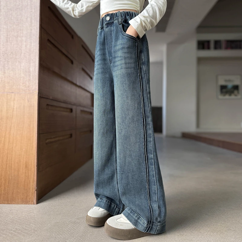 女童牛仔裤秋季洋气休闲复古中大童阔腿裤时尚潮流儿童秋款裤子