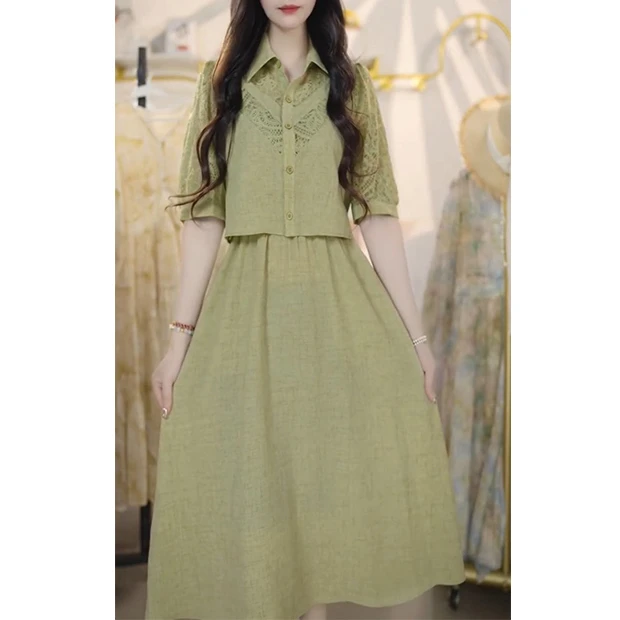 L580假两件连衣裙女2025夏季新款宽松显瘦时尚气质高档遮肉套装裙