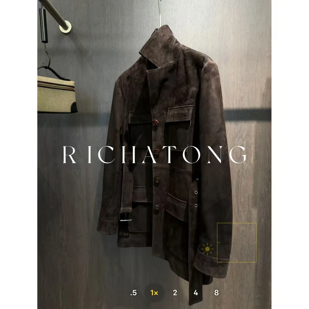 RICH ATONG【摩登时代】翻领设计师款多口袋腰带皮衣0302-29