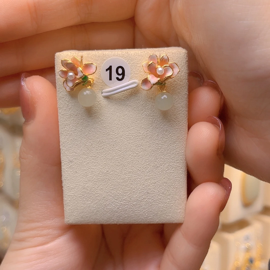 和田玉银S925镀金镶嵌耳饰