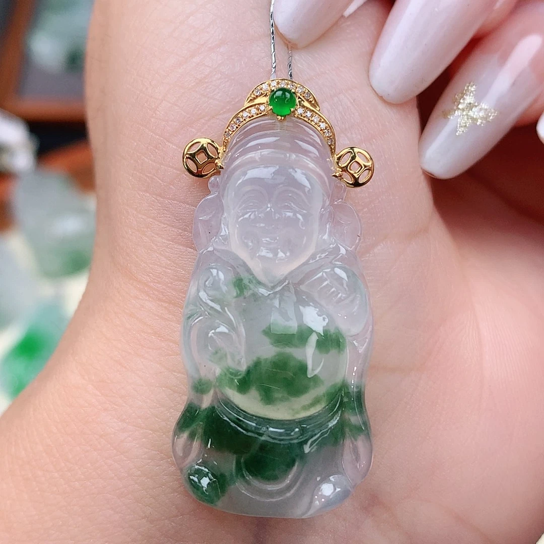 颈饰18K金镶嵌翡翠财神爷