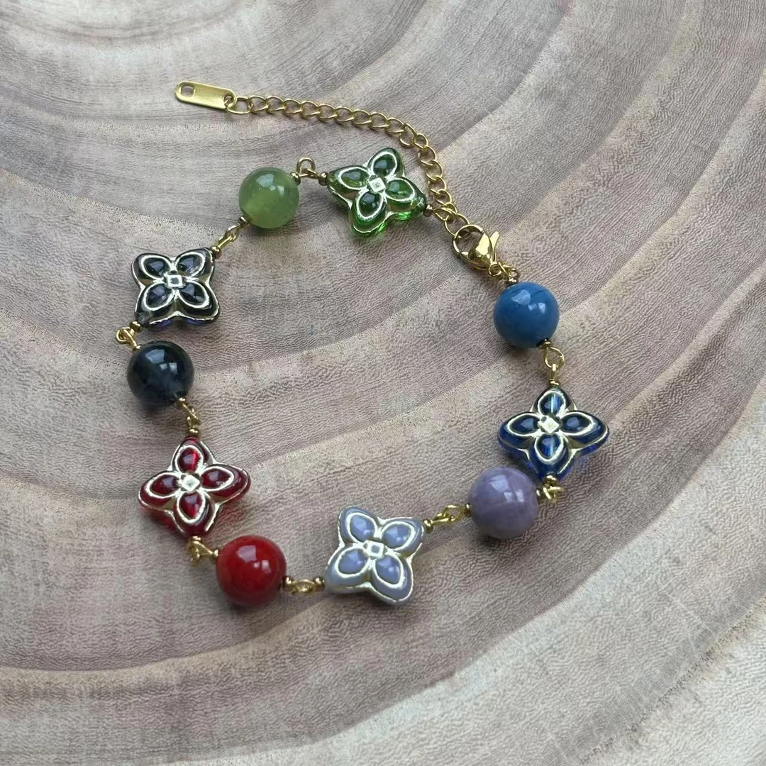 合金手链 LZ2979-1彩色四叶草捷克琉璃琉璃手串
