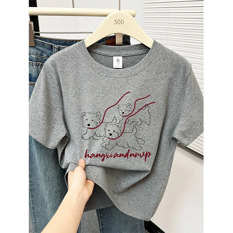 圆领有弹力短袖小狗莱卡棉修身T恤印花韩版复古风