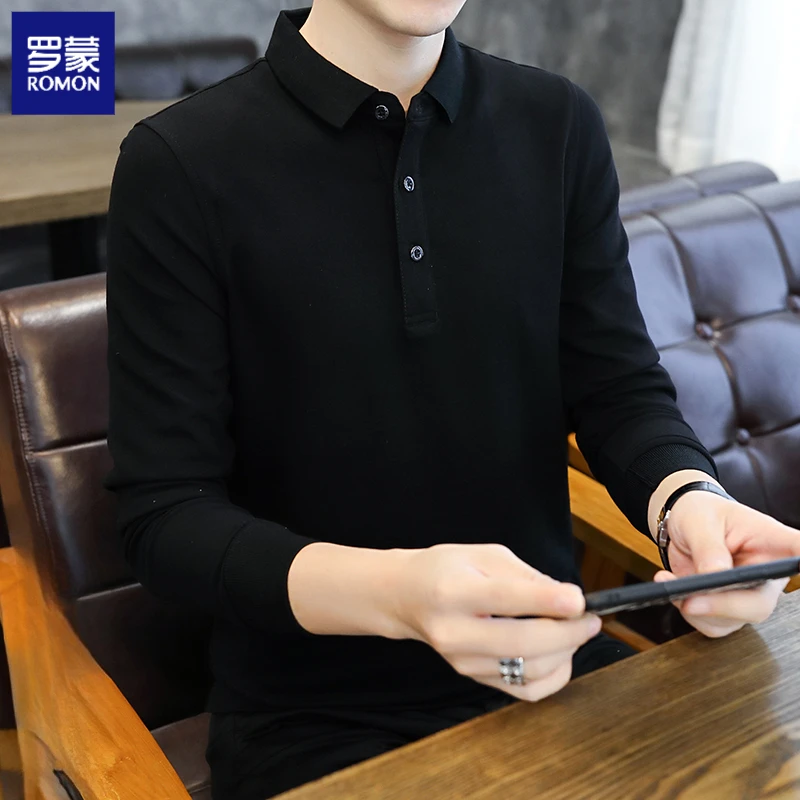 罗蒙新款长袖polo衫男韩版棉质翻领T恤百搭休闲长袖体恤打底衫潮T