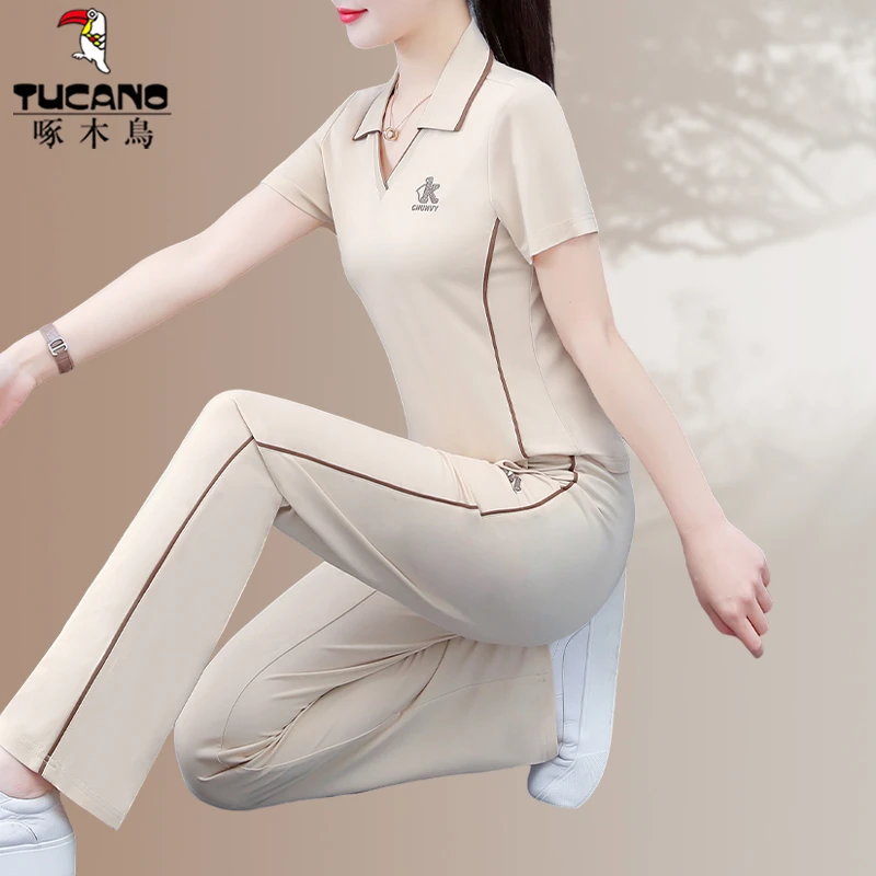 啄木鸟夏季运动套装女夏2025新款中年女装妈妈冰丝短袖裤子两件套