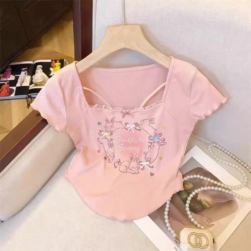 大码女装甜美小兔子夏日飞飞袖方领棉短袖胖mm遮肉显瘦半袖T恤