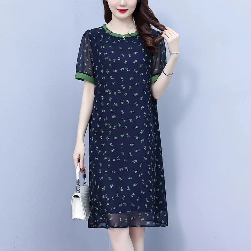 文艺气质短袖雪纺中长款连衣裙夏新款大码女装时尚遮肉显瘦裙子女