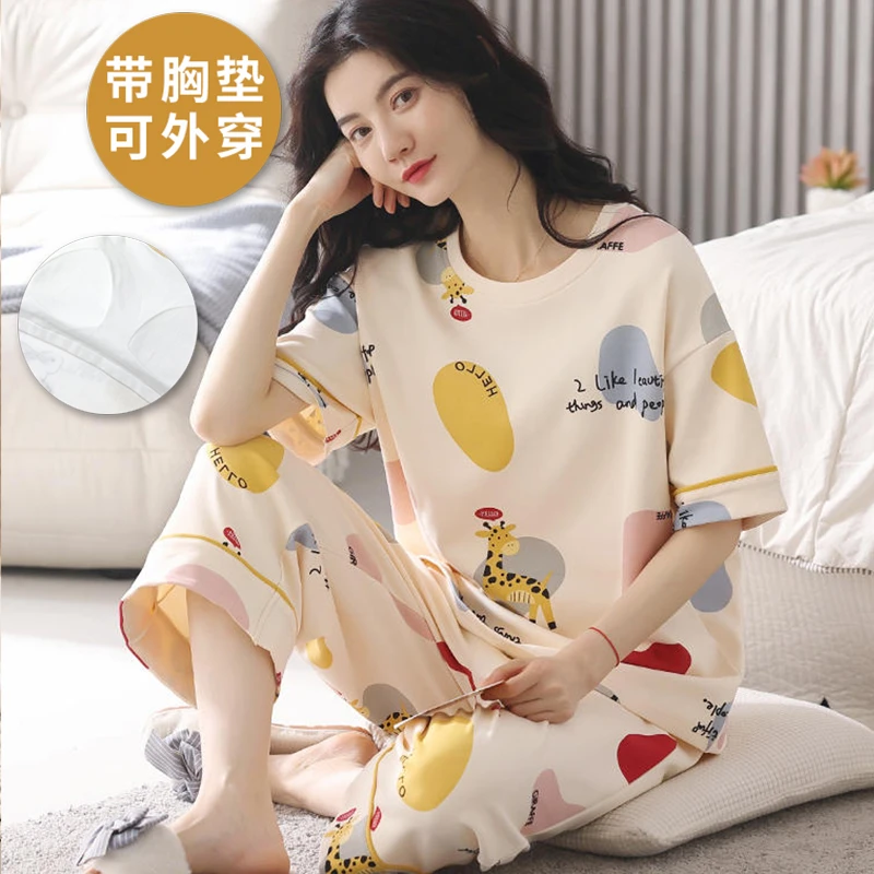 带胸垫睡衣女士夏季新款短袖七分裤大码夏天女款甜美风家居服套装