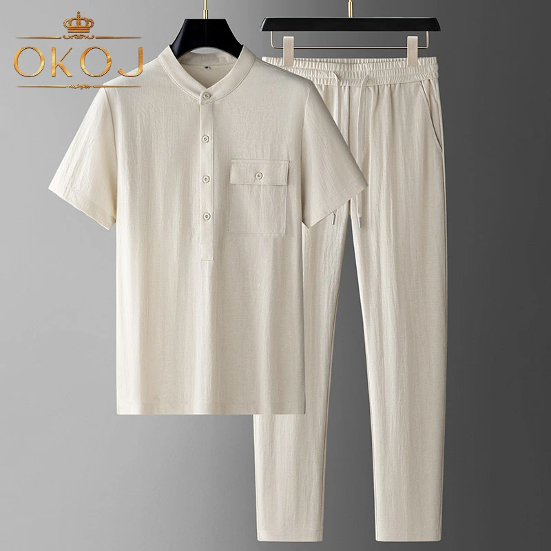 OKOJ天丝亚麻运动套装男夏季薄款冰丝透气大码宽松爸爸休闲两件套