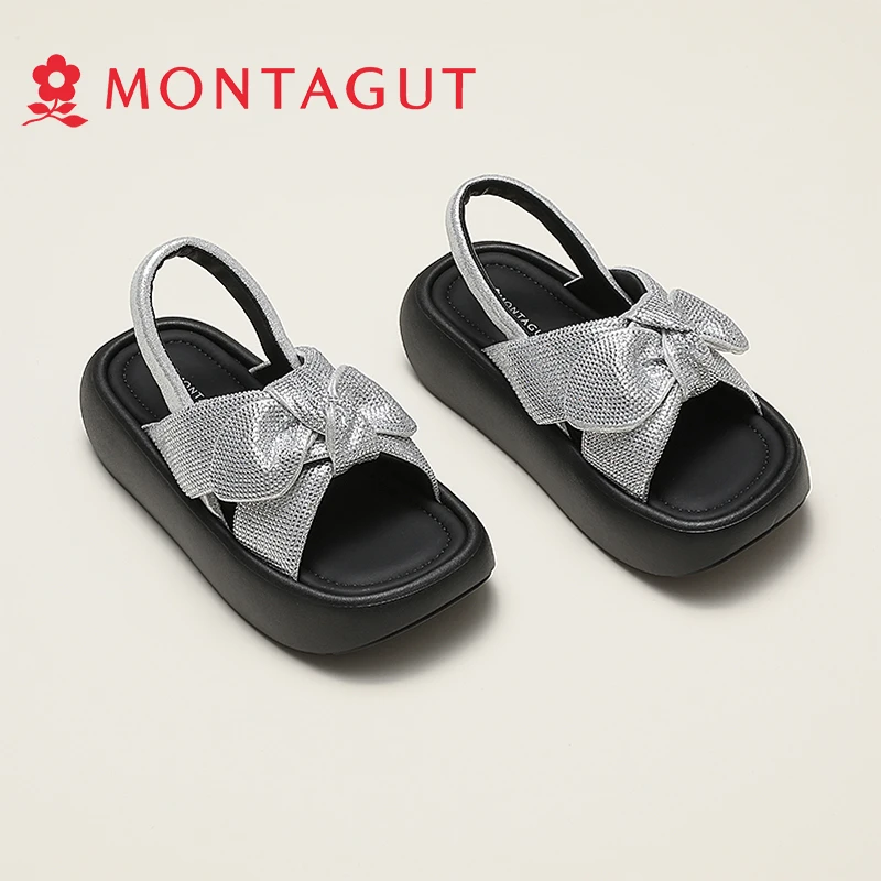 Montagut/梦特娇厚底蝴蝶结休闲女夏新两穿露趾水钻松糕底凉鞋