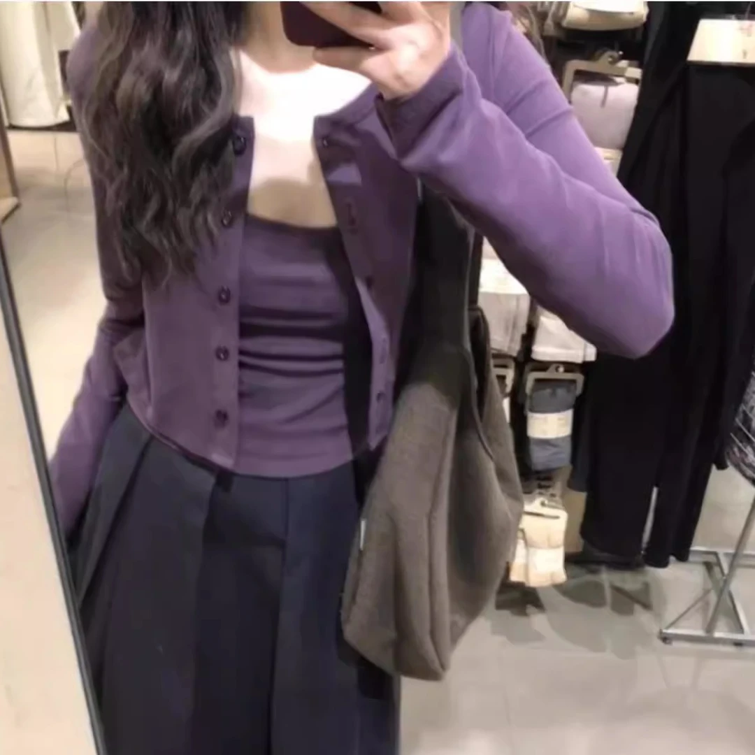 秋季新款短款修身显瘦气质上衣韩系紫色吊带背心长袖开衫两件套女