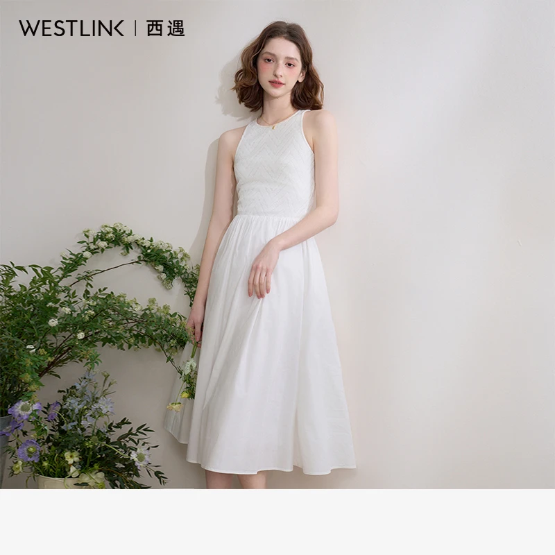 简约设计感柔软拼接针织背心裙女2025春季大裙摆连衣裙