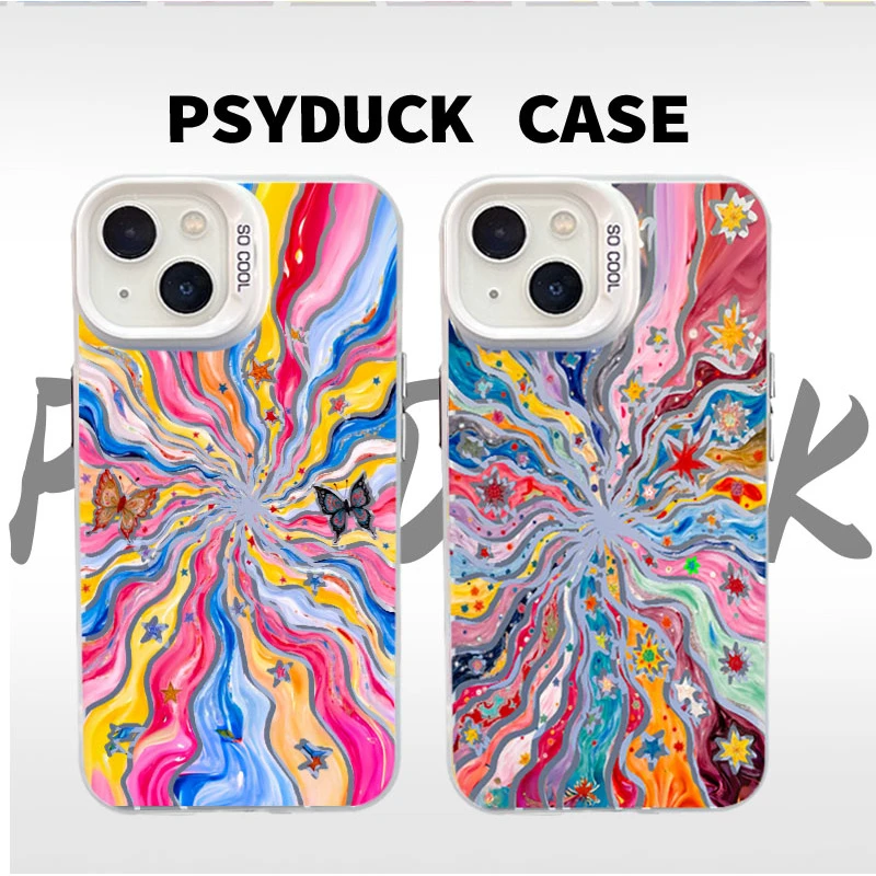 适用苹果华为一加小米七彩蝴蝶彩银白底创意动漫防摔手机壳