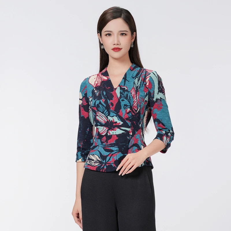 SUSSI/古色【夜蓝诗歌】交插领中长袖印花上衣碎花时尚春夏修身