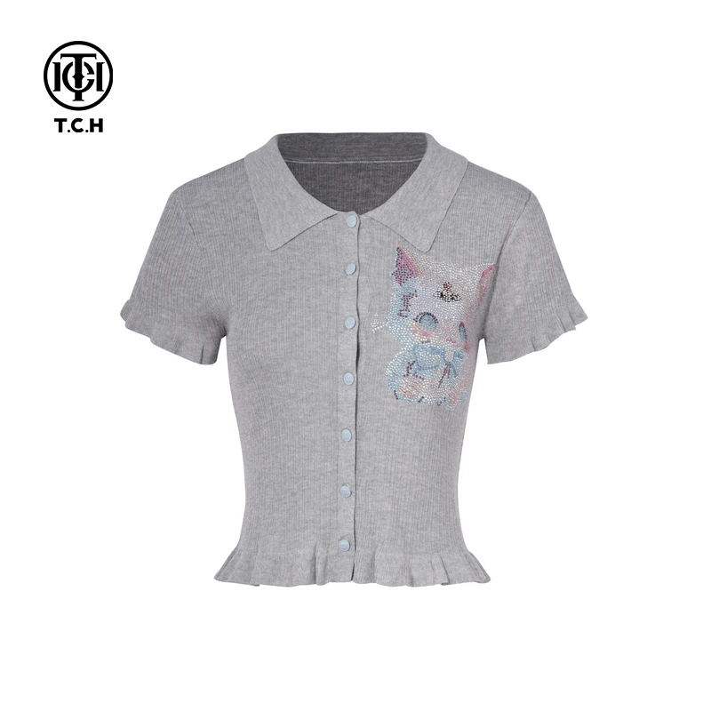 TCH私服烫钻工艺时尚休闲百搭气质针织T恤女T75A09E5159轻奢tch