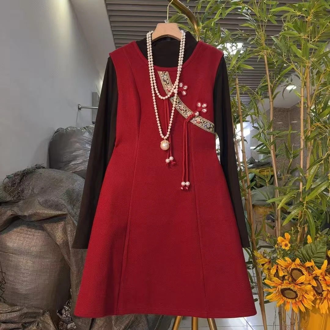 新中式国风盘扣毛呢裙德绒衫套装改良民族风微胖大码古风6060红色