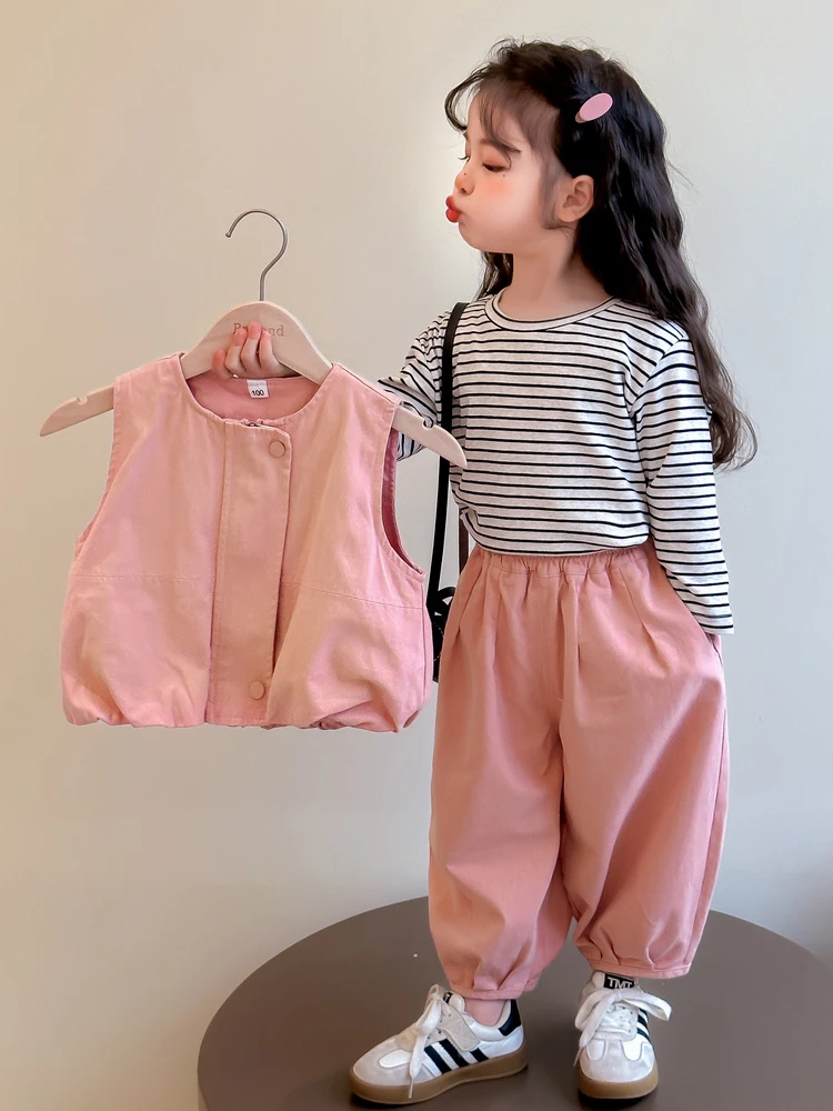 女童秋装套装2025新款洋气儿童春秋季时髦宝宝马甲炸街工装三件套