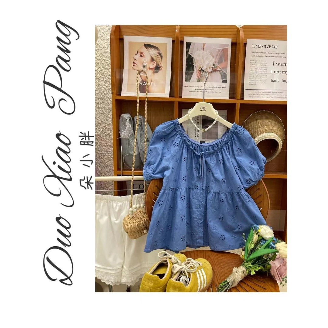 大码方领水溶刺绣花朵图案短款泡泡袖系带小衫女夏