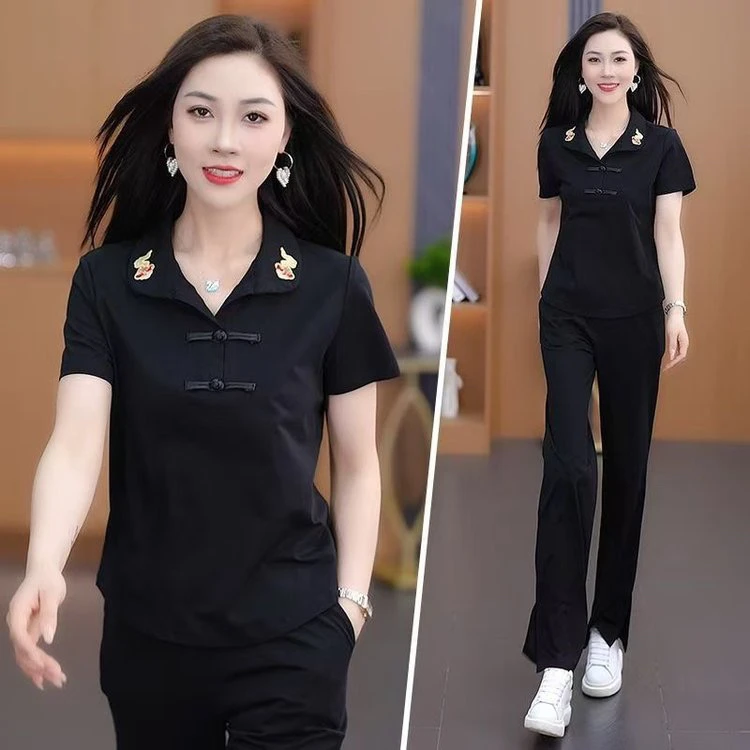 中式休闲运动服套装夏季2025新款洋气短袖减龄薄款叠穿中国风女装