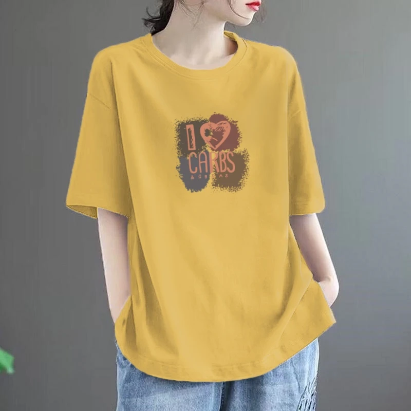 短袖女宽松大码减龄印花圆领t恤微胖半袖显瘦休闲上衣女夏装纯棉
