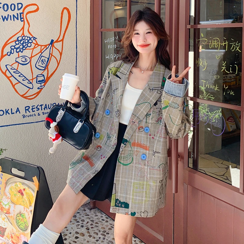灰色格子西服外套女春秋2025新款设计感洋气炸街宽松涂鸦印花西装