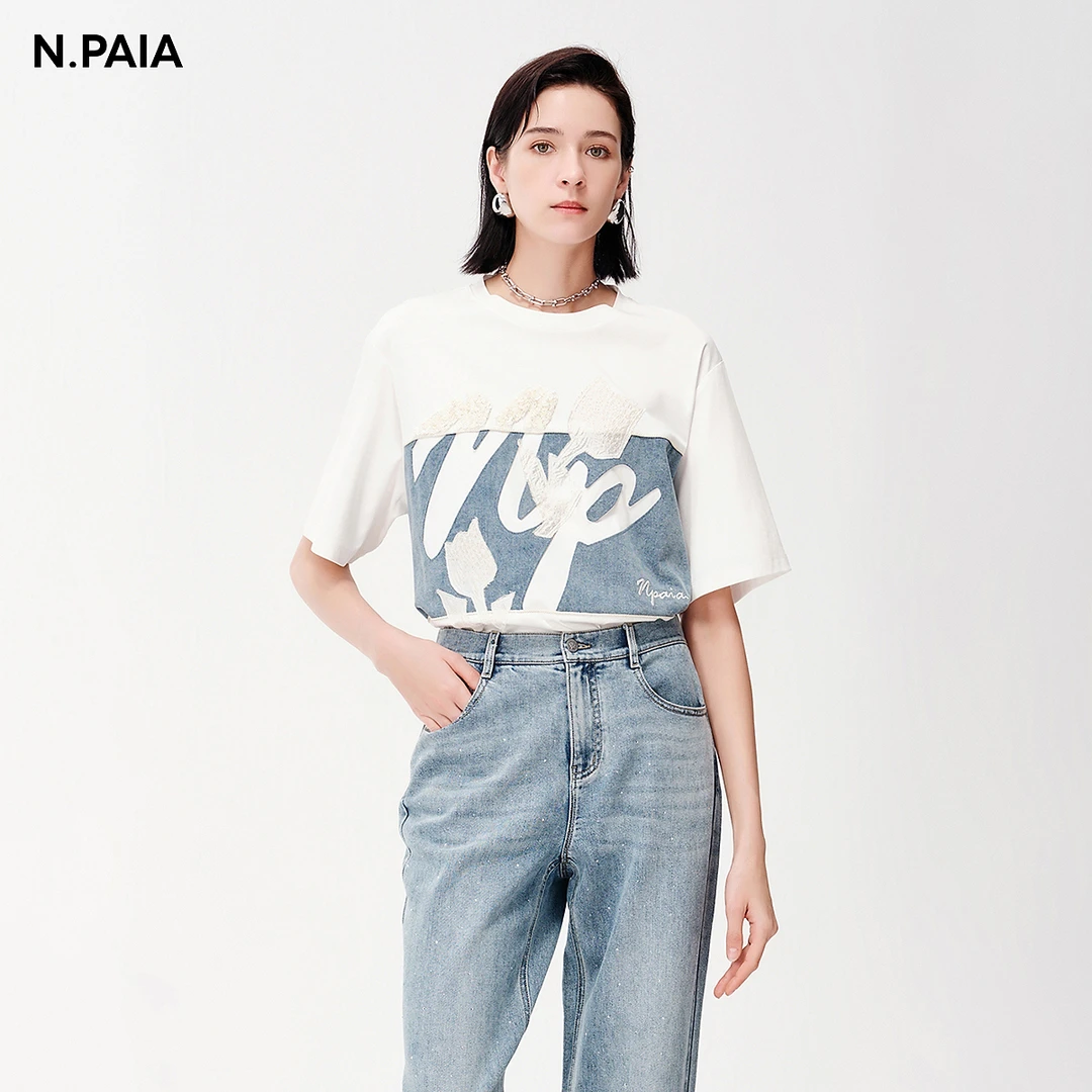 N.Paia恩派雅撞色图案拼接印花T恤女XNJEC5313A